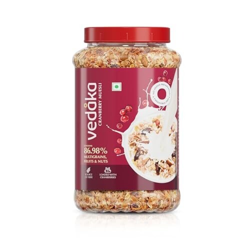 Amazon Brand - Vedaka Cranberry Muesli | 1 Kg | Jar | Contains 86.98% Dry Fruits, Nuts and Multigrains | Loaded with Cranberries | Source of Fiber | No Added Preservatives | Breakfast Cereal