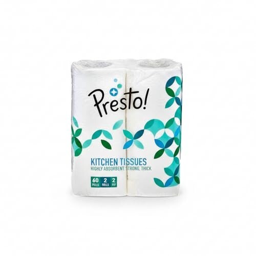 Amazon Brand - Presto! 2 Ply Kitchen Tissue Paper Roll | 120 Pulls | 60 Kitchen Towels X 2 Rolls | Soft And Highly Absorbent | 100% Natural Virgin Cellulose Fiber