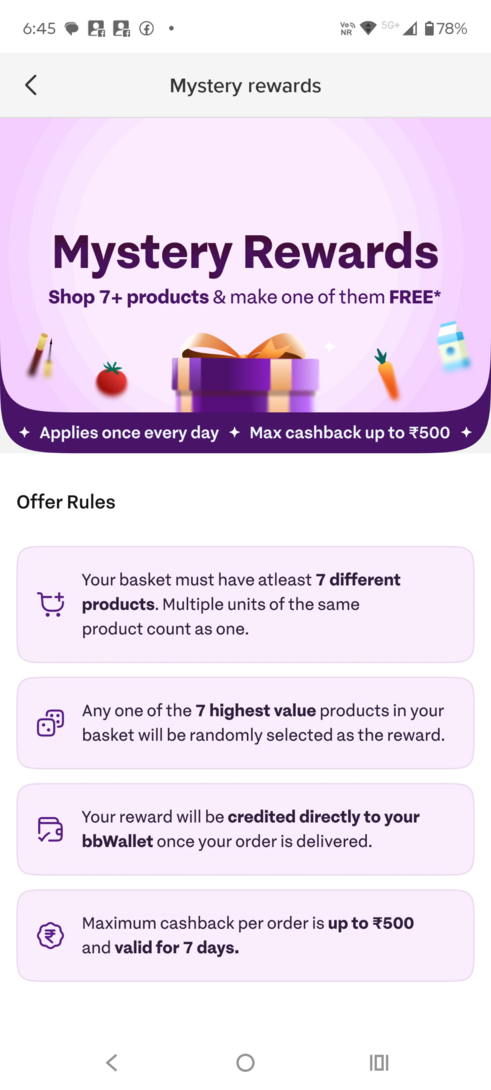 Bigbasket Mystery reward add 7 product get 1 product amount refund