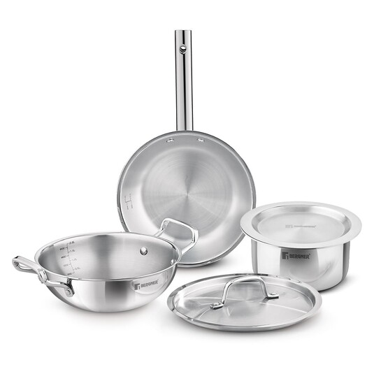 Bergner Tripro Triply Cookware Set 5 Pcs - 22cm (2.3L) Kadai with Lid, 22cm Frypan, 16cm (1.8L) Tope with Lid, Consumes Less Oil, Healthy Cooking, Even Heat Distribution, Induction and Gas Stove Ready