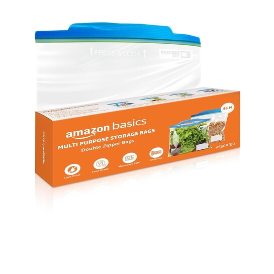 Amazon Basics - Multipurpose Zip Lock Storage Bags | 45 Count | Assorted Sizes, 15 Each - S, M, L | Material Plastic | Reusable and Reclosable with Double Zipper