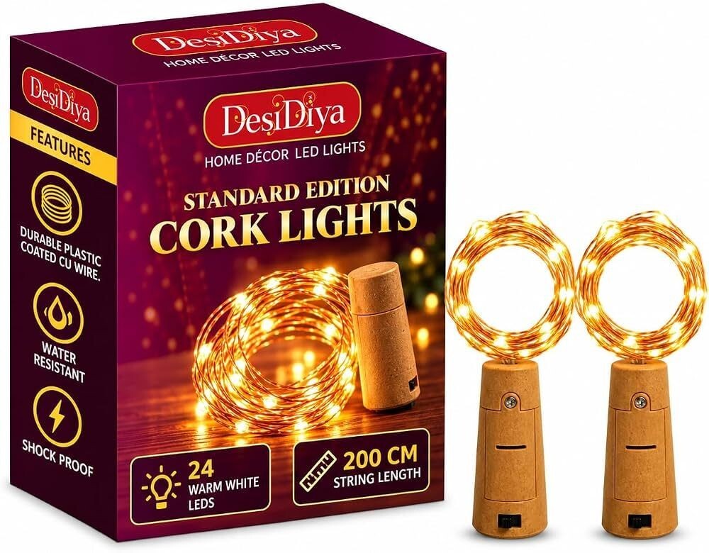 Pack Of 2 - Desidiya® Bottle Lights with Cork, Mini Copper Wire, 24 LED Battery Operated String Decorative 200cm Fairy Light DIY Festive Decor for Diwali Wedding Party Decoration - Pack of 2 (Warm White)