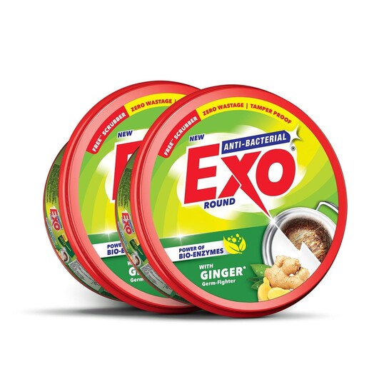 Exo Round Dishwash Bar 700gm X 2 | Complete Dishwashing Solution With Anti-Bacterial Efficacy & Goodness of Ginger Remove Tough Grime Stains With Ease | Experience Hygienic & Superior Cleaning