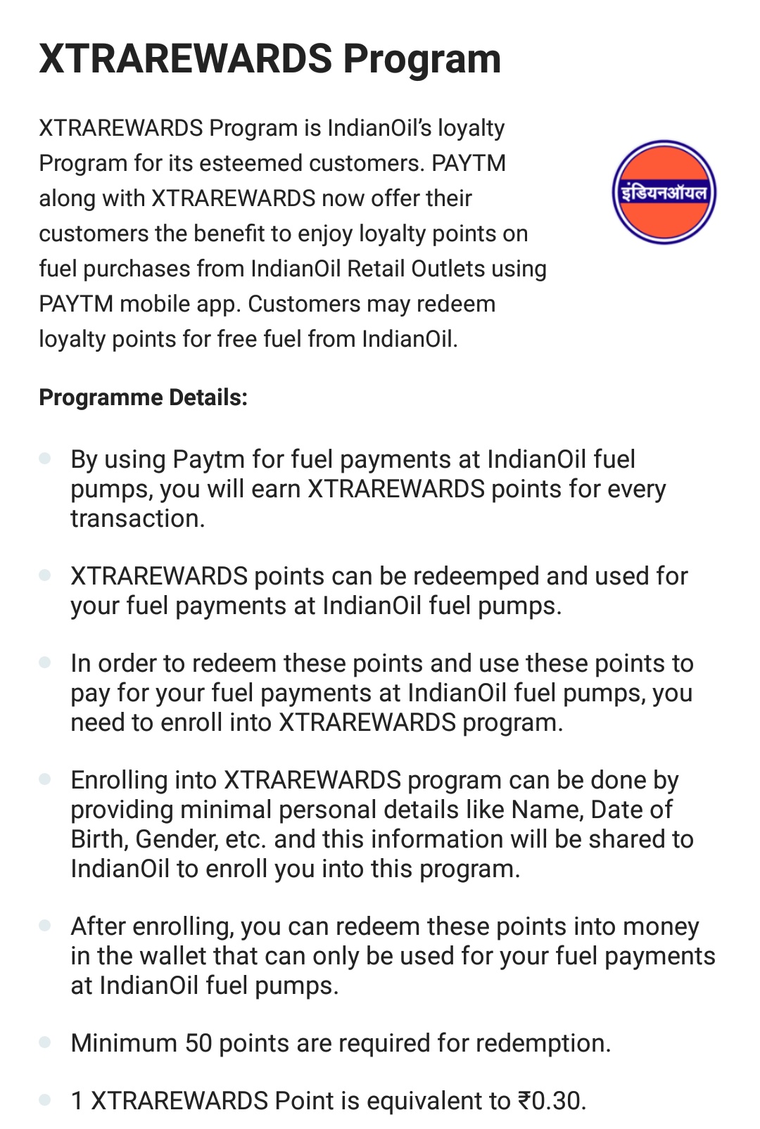 Indian oil Xtrarewards program with Paytm Earn points on every
