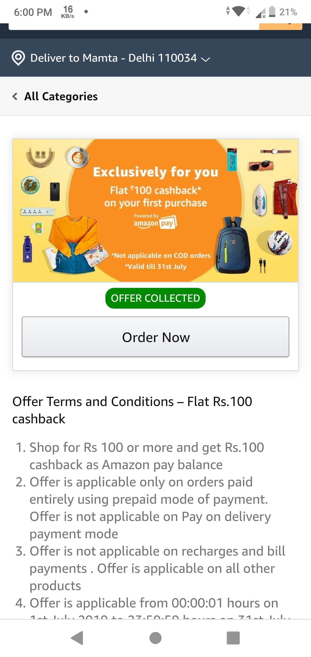 Amazon Flat 100rs cashback on first purchase (Different from App