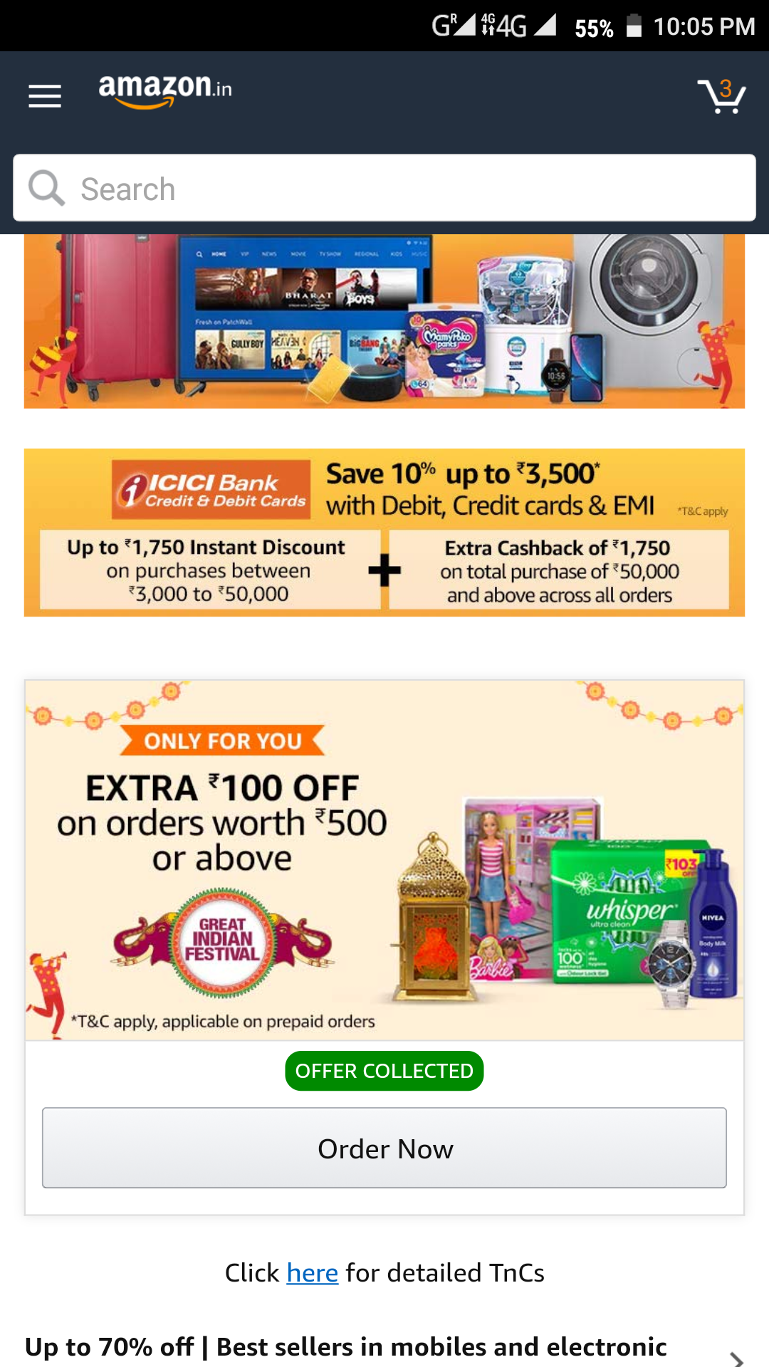 Rs.100 Cashback in 1st Order of Sale (min Rs 500) Select users DesiDime