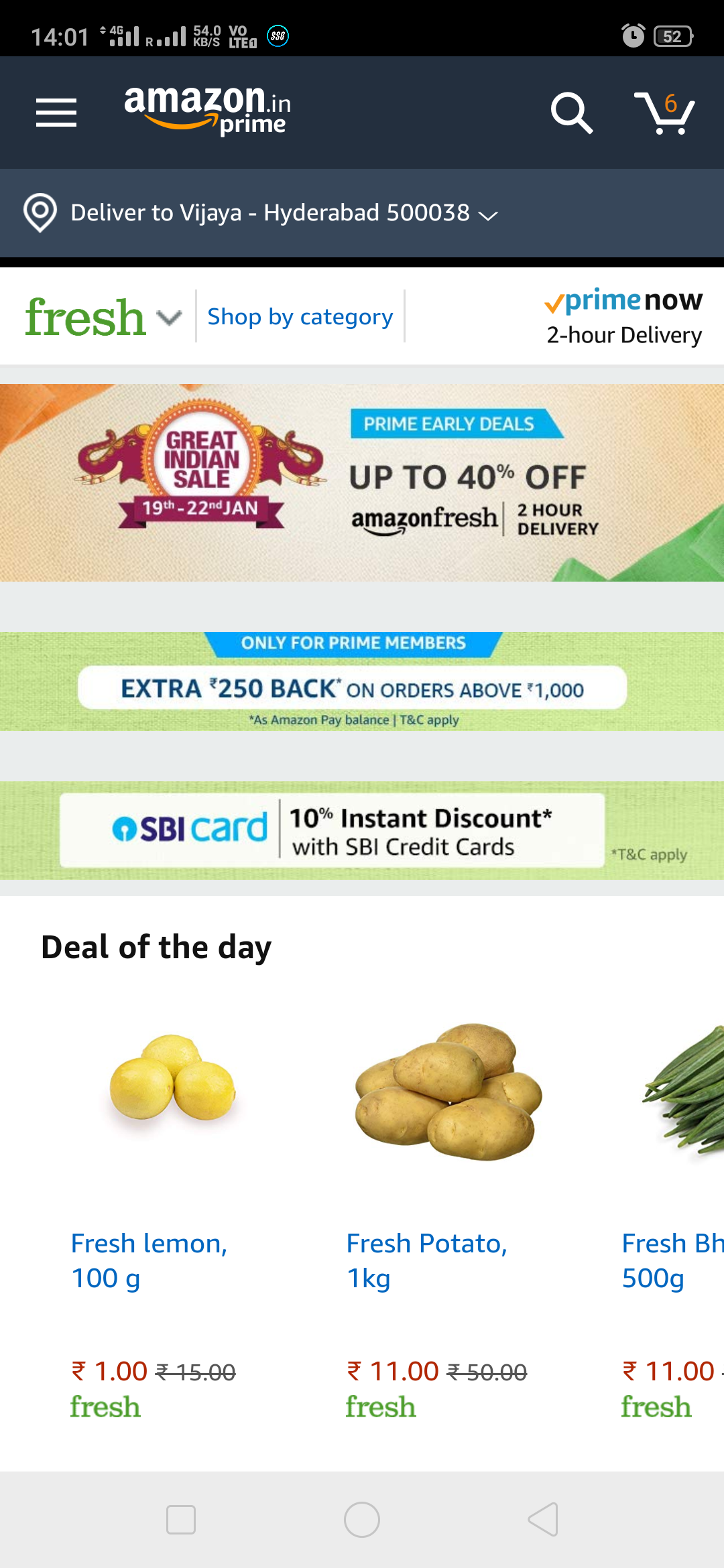 Prime Now App and Amazon Fresh Offer Get Flat 250 cashback on Minimum