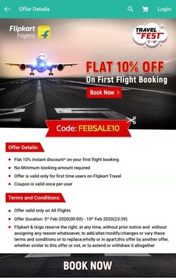 Flipkart Travel Fest : Flat 10% off on First Flight Booking (No. Min Booking)