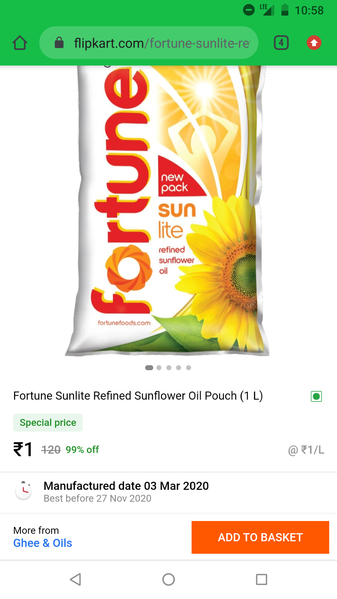 (Flipkart super Mart)fortune sunlite refined sunflower oil 1 ltr DesiDime