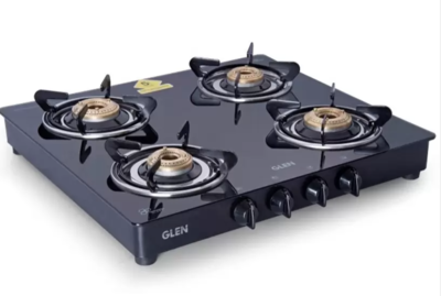 GLEN 1043 GT Brass Burner Black Glass Manual Gas Stove