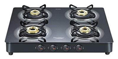 Prestige Royale Plus Schott Glass 4 Burner Gas Stove, Manual Ignition, Black