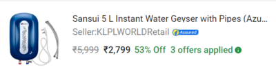 Sansui 5 L Instant Water Geyser with Pipes (Azure, Cobalt Blue) | DesiDime