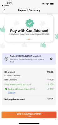 EazyDiner IndusInd Credit Card Savings