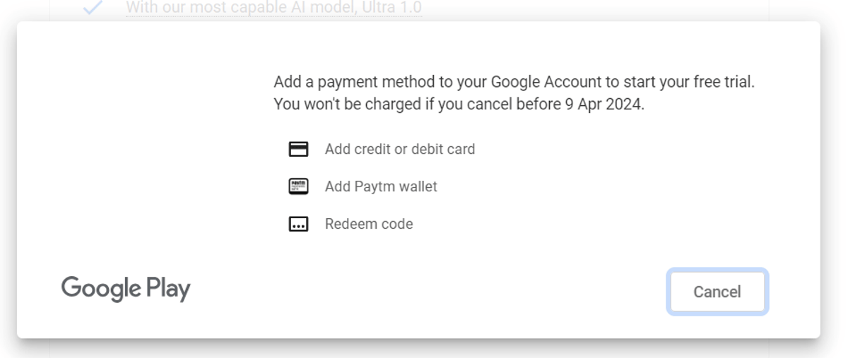 Here, you can start your trial using your credit card, debit card, or wallet or redeem a play code