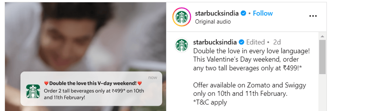 Starbucks Valentine’s Offer (Any 2 Tall Beverages at 499)