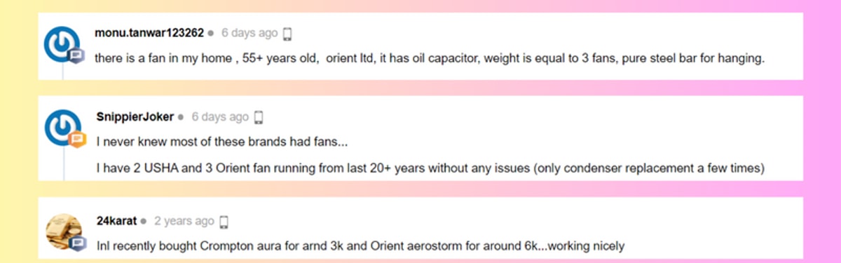 Orient fans reviewed by our users