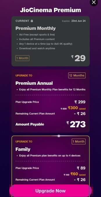 JioCinema Premium annual plan