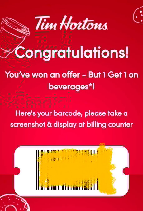 Tim Hortons coffee buy 1 get 1 free offer barcode