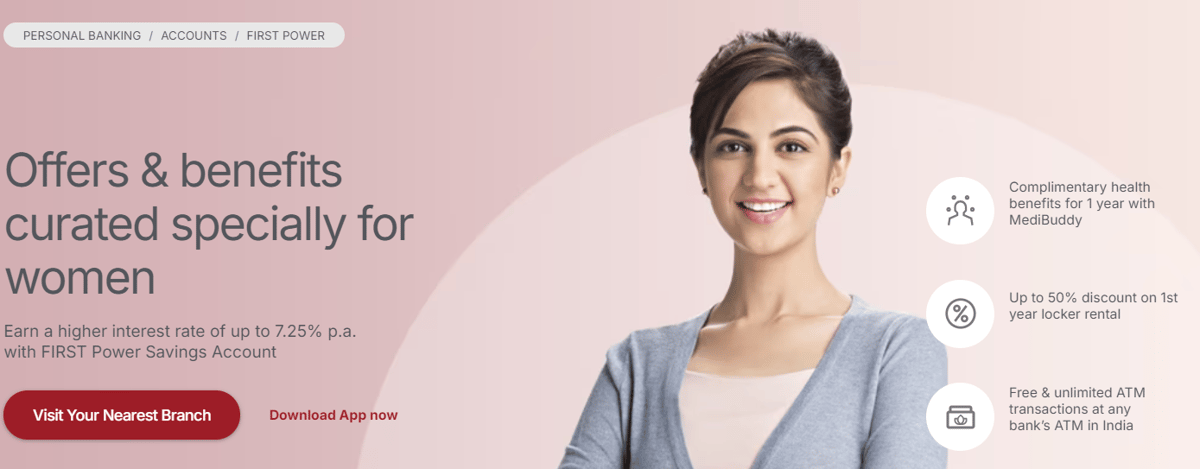 IDFC First Power Women Savings Account (Highest interest rate)