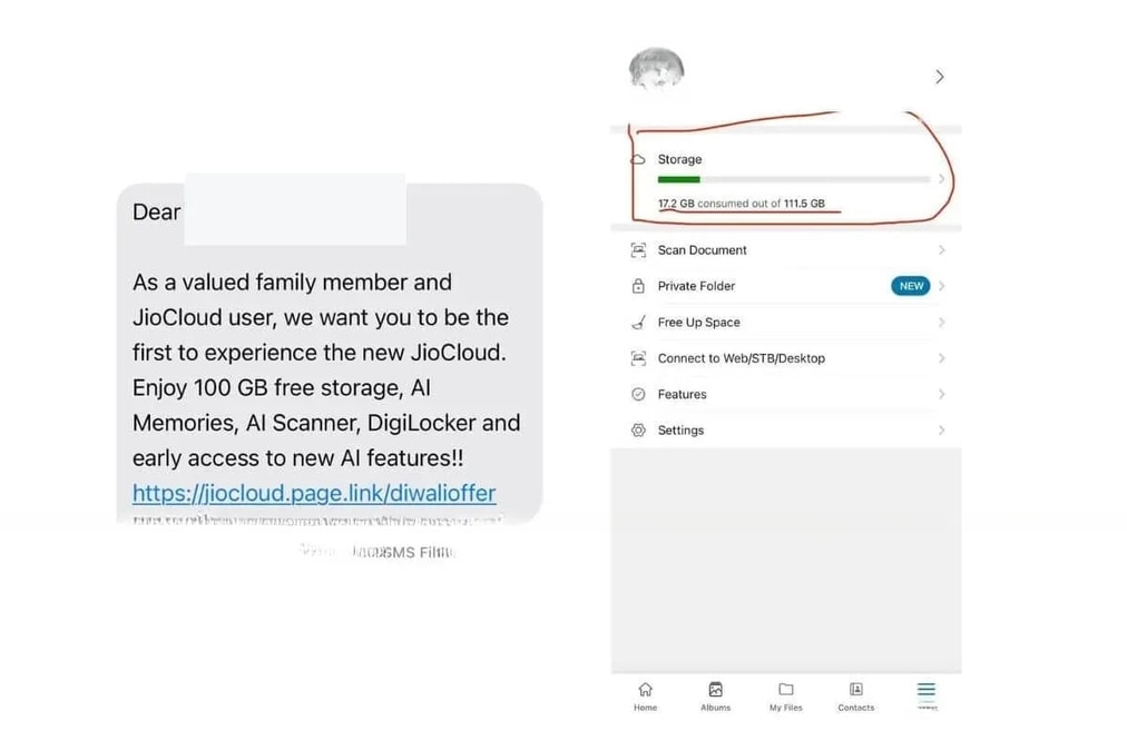JioCloud's 100GB Free Storage SMS to a Jio & JioCloud user