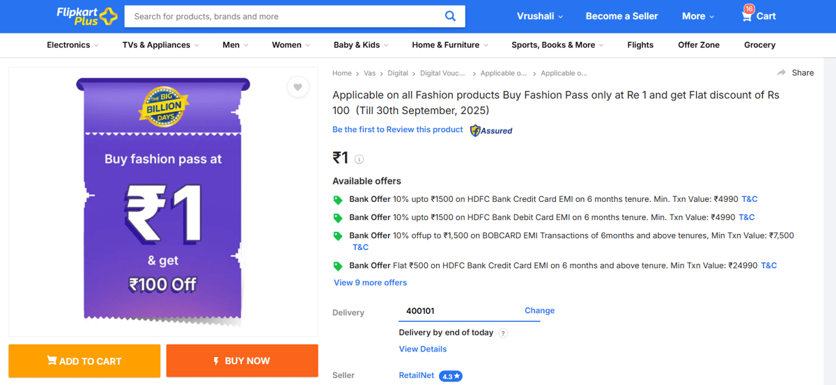 Flipkart Big Billion Days Offers Fashion Sale Pass at ₹1 2025