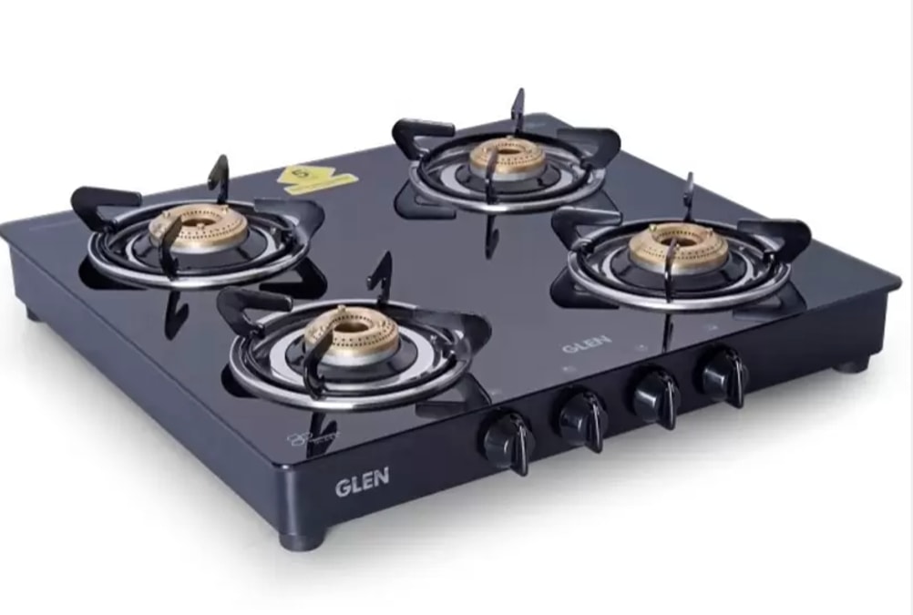 GLEN 1043 GT Brass Burner Black Glass Manual Gas Stove