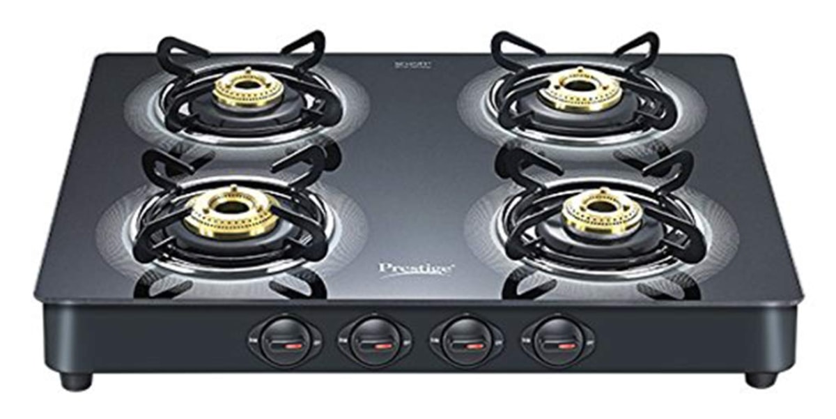 Prestige Royale Plus Schott Glass 4 Burner Gas Stove, Manual Ignition, Black