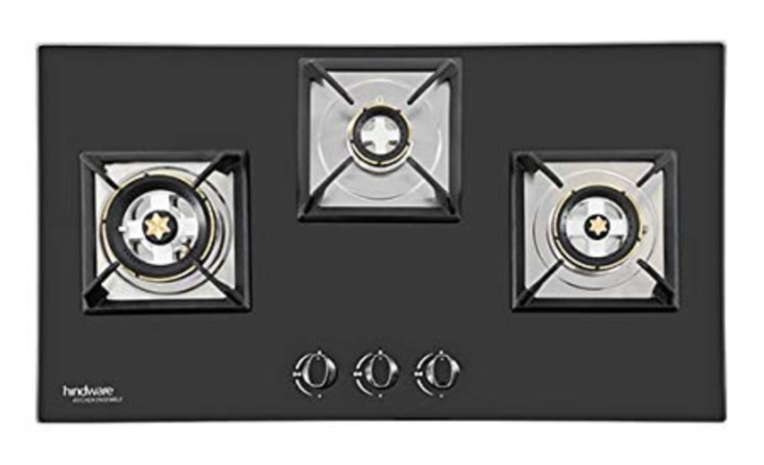 Hindware Ensemble Elisa Glass Top 3 Burner Gas Stove, Auto Ignition, Black