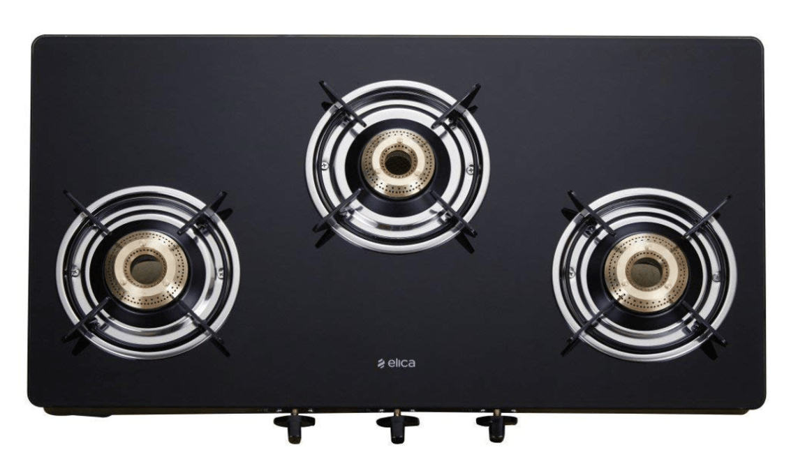 Elica Vetro Glass Top 3 Burner Gas Stove 703 CT VETRO BLK