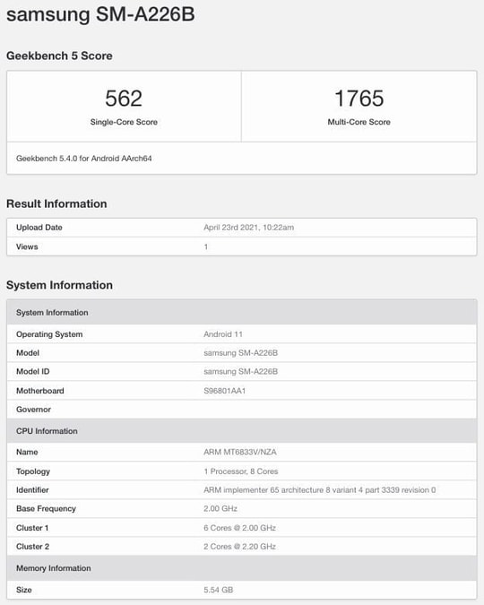 Samsung Galaxy A22 Geekbench Report