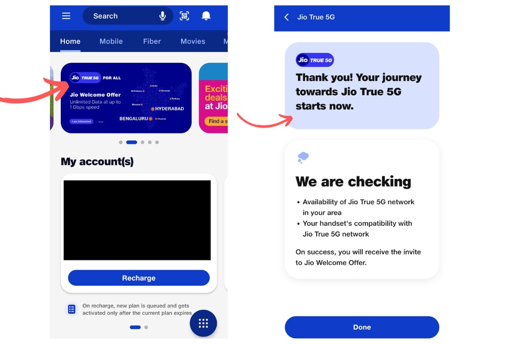 Screenshots of steps to enable Jio 5G on device using Jio 5g welcome offer