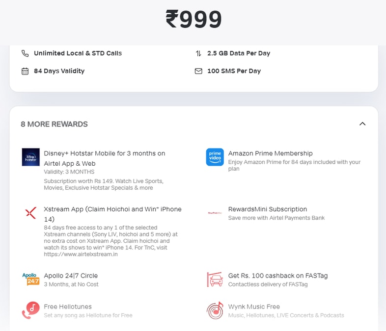 Airtel Rs 999 Plan Details