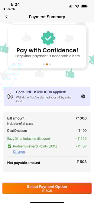 EazyDiner IndusInd Credit Card Savings