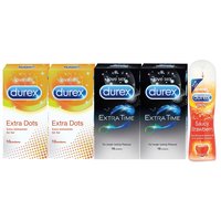 Durex Pleasure Packs (Condoms - 10 Count (Pack of 2, Extra Dots), Condoms - 10 Count (Pack of 2, Extra Time), Pleasure Gel - 50 ml (Strawberry)) 