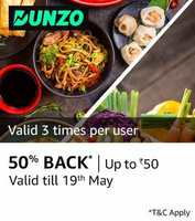 Dunzo - 50% cashback upto 50 3 times via amazon