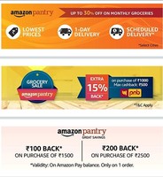 Amazon Pantry upto 50% off + Rs. 100 Cashback on Rs. 1500 or Rs. 200 Cashback on Rs. 2500