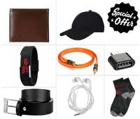 Combo of Belt,Wallet,Led watch,Aux cable,Otg cable,Earphones,Socks,Black Cap Effectively @49rs