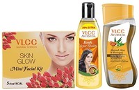 VLCC Ayurveda Intense Nourishing Shampoo,100ml, Ayurveda Hair Oil,120ml and Facial Kit Combo