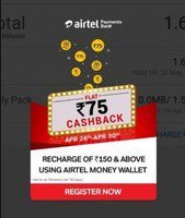 Airtel App new users offer : Initiate recharge of 150 or more and get flat 75 cashback (26th - 30th April)