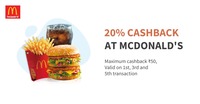Get 20% Cashback upto 50₹ on 1st , 3rd & 5th Transaction when you pay using Freecharge at McDonald's