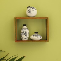 'The Framed Pots' Wooden Wall Shelf With Warli Hand-Painted Miniature Pots