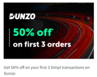 Dunzo - 50% cashback upto Rs 50 * 3 times via Simpl
