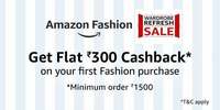 Amazon : Flat Rs 300 Cashback on your First fashion purchase minimum purchase of Rs 1500 ( 17 -20th June ) 