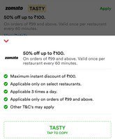 Zomato : Code TASTY working again in some cities ||
50% OFF Upto 100 || 3 Times a day