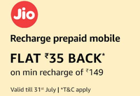 Get Flat Rs.35 cashback on your Jio prepaid recharge of minimum Rs.149