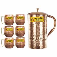 82% Off :- Copper Handmade Jug with Cup Set, 520 ml, Set of 6 at Rs.1192