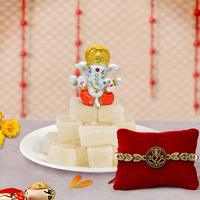 Tied Ribbon Gift Pack for Rakhi: Rakhi,  Sweets and Ganesha Idol @ 399