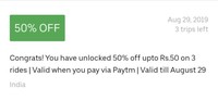 Uber Rides: Get 50% upto Rs. 50 via Paytm or 75 cashback via Google Pay
