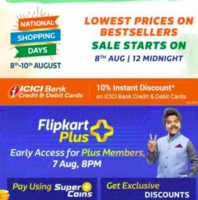 Flipkart National Shopping Days 8-10 August :- Additional 10% Instant Discount using ICICI Cards