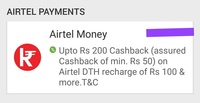 Airtel Money - Assured Cashback of ₹50 on minimum Airtel DTH recharge of ₹100